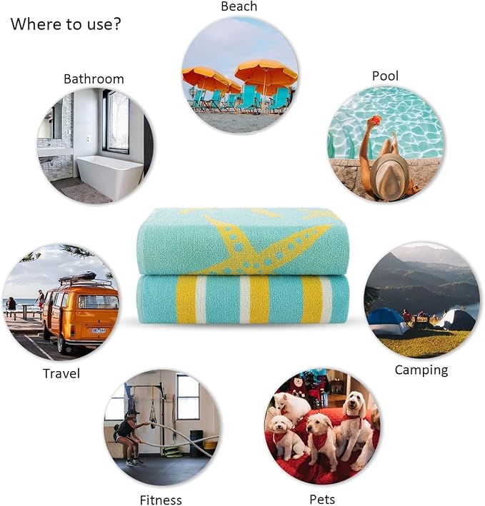 CASA COPENHAGEN Miami Towel 2Pcs Starfish Cyan - Teal Stripe Designer Stripe Beach Towels Gift Set 30"x60" Oversized 100% Cotton Pool Bath Towel for Beach Gift Set (Summer Gift Set for Women & Men)