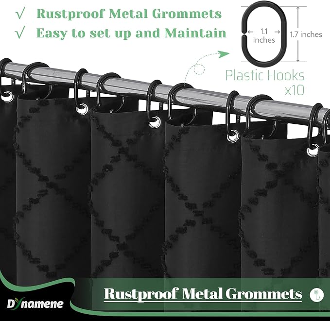 Stall Boho Farmhouse Shower Curtain Tufted Geometric 54"x72" Black | 54 Inch Wide, Elegant Tassel, Lightweight Textured Fabric, Water Repellent, Washable, for Narrow Bathroom/Dorm 10 Hooks