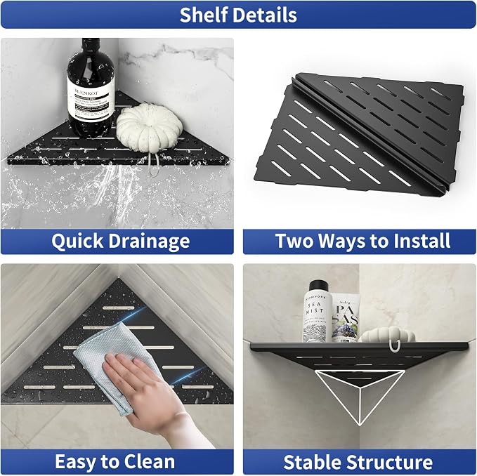 Corner Shower Shelf 10" Matte Black | 304 Stainless Steel, Slot Design, Recessed Corner Shelf, Bathroom Grout in Shelf for Tiled Wall