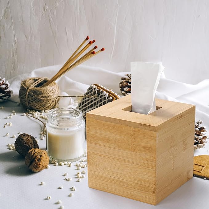 Bamboo Tissue Box Cover, Square Wood Tissue Box Holder, Wooden Facial Paper Holder for Bathroom, Bedroom, Dinner Table, Office (Square - 1 Pack)