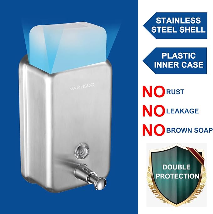 Commercial Soap Dispenser Wall Mount Stainless Steel, Vertical | Rust-Proof Lining and Anti-Leak Pump Liquid Hand 1100ml / 37oz.