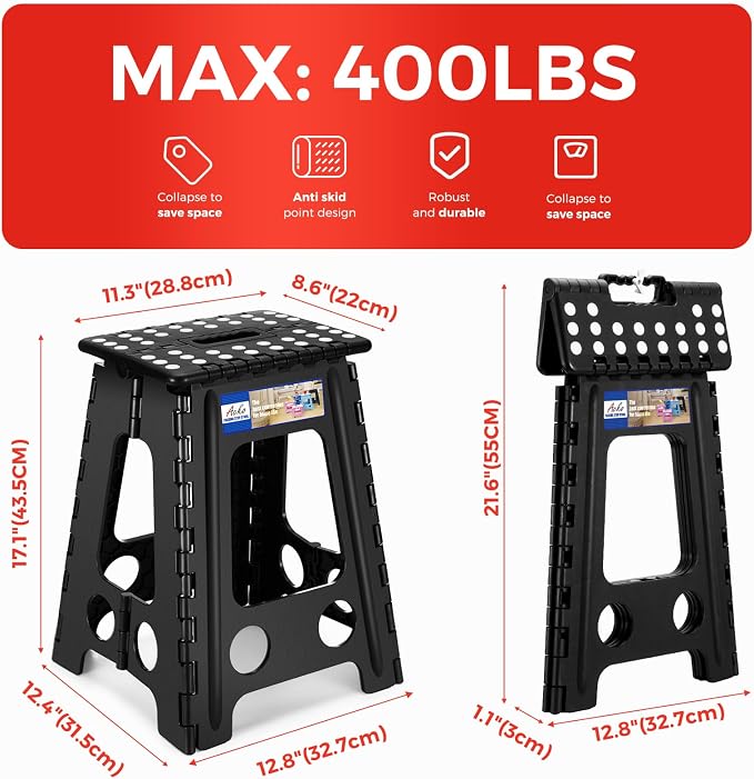 ACKO 17.5 Inch Folding Step Stool with Safety Lock, Holds 400 lbs, Black | Portable Foldable Stools with Handle, Heavy Duty Collapsible Non-Slip Foot Stool for Adults & Kids, Kitchen Bathroom Outdoor