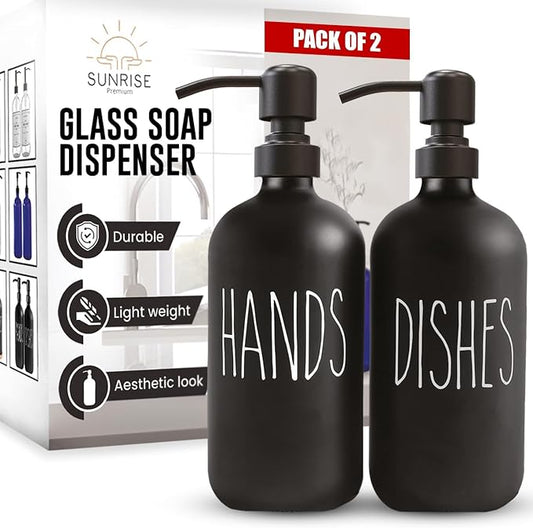Black Glass Soap Dispenser, Matte Black Pump, 16 oz | Black Glass, Matte Black Stainless Steel Pump, Bathroom and Kitchen Sink use, 6 Waterproof Labels (Pack of 2)