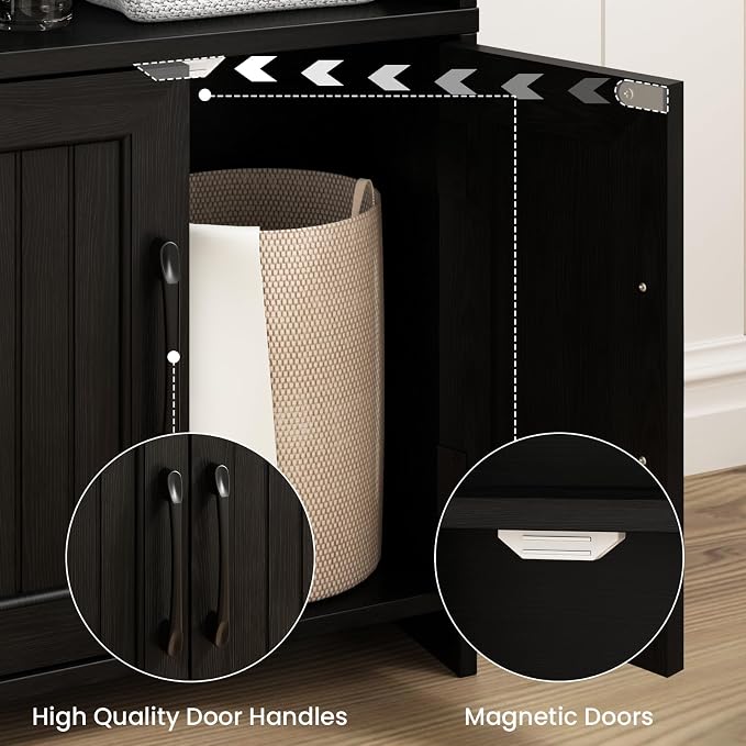 Small Bathroom Storage Cabinet with 2 Doors & Shelf,Line Black | Narrow Storage Organizer, Toilet Paper Floor Cabinets Freestanding, for Small Spaces, Laundry Room, 7.8" D x 14.6" W x 31" H