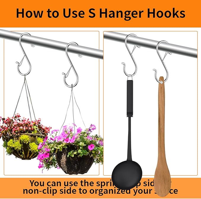 24 PCS S Hooks for Hanging with Safety Buckle, Heavy Duty Metal S Hooks | 3.5 inch S Shaped Hanger Hooks for Hanging Kitchen Utensil, Cups Pots Pan Closet Plants Purse Bags Hats (Silver)