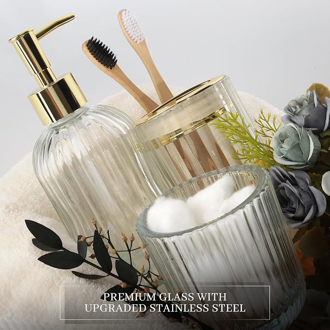 Designer Clear Glass Bathroom Accessories Sets - 4 Pcs with Lotion Soap Dispenser, Bathroom Toothbrush Holder, Vanity Tray, and Apothecary Jar, Vintage Bathroom Decor, Gift Countertop Organizer