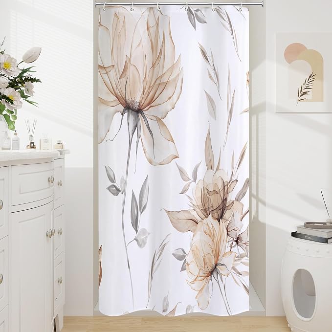 Litabel Small Stall Boho Watercolor Floral Shower Curtain 36 x 72, Brown and Grey Ink Painting Style Flower Shower Curtains for Chic Elegant Bathroom, Tan Artistic Narrow Half Size Shower Curtain