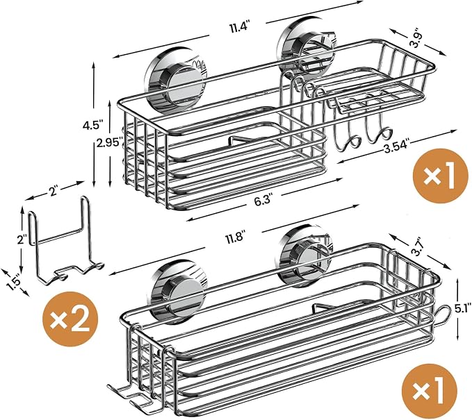 Shower Caddy Suction Cup, 2 Pack Heavy Duty Bathroom Organizer | Shower Caddy with Hooks & Soap holder, Removable Shower Storage, Rustproof Silver bathroom Holder