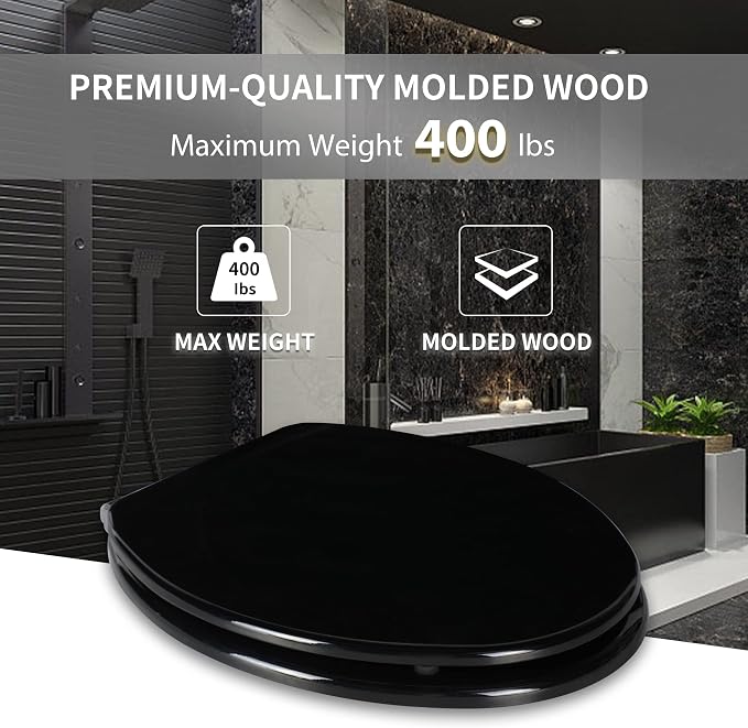 Angel Shield Toilet Seat with Zinc Alloy Hinges Quiet-Close Quick-Release Wood Molded UV Lid Easy Clean(Elongated,Black) | Soft Close Quick Release Metal Hinges, Adjustable Fit for Standard Elongated Toilets, Easy Install&Clean(Black)
