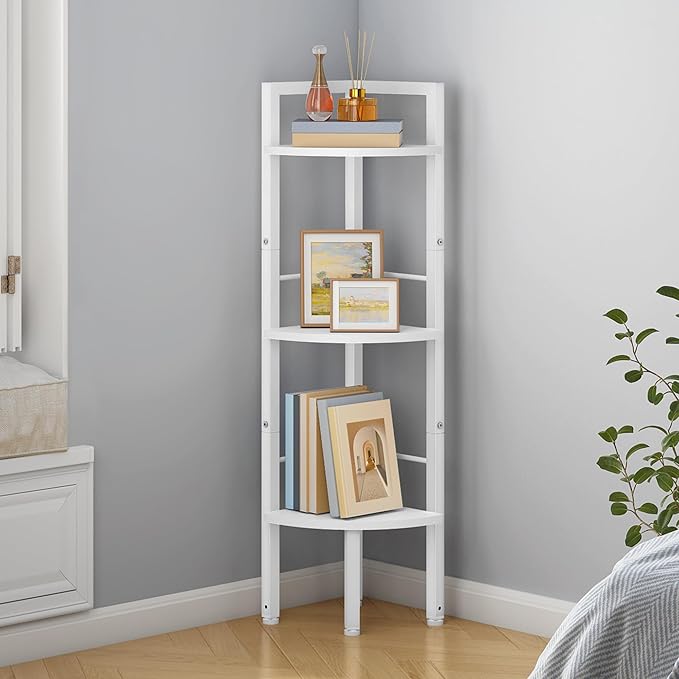 Small Corner Shelf Stand 3 Tier 39.5" with Metal Frame, White | Industrial Narrow Corner Shelf, Multipurpose Tall Corner Bookshelf, Corner Shelves for Bedroom, Living Room, Office, Kitchen
