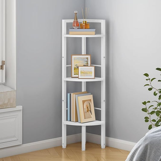Small Corner Shelf Stand 3 Tier 39.5" with Metal Frame, White | Industrial Narrow Corner Shelf, Multipurpose Tall Corner Bookshelf, Corner Shelves for Bedroom, Living Room, Office, Kitchen