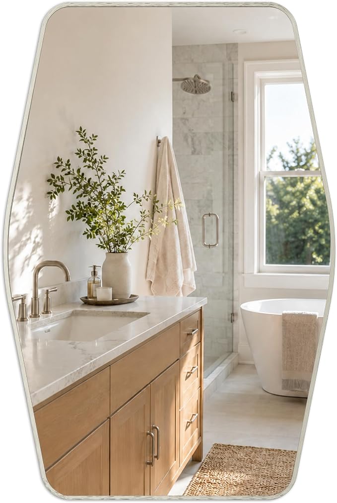 Brushed Nickel Tapered Rectangle Bathroom Mirror, 24x36 Inch | Aluminum alloy frame, tempered glass, two-way keyhole mount, for bedroom, hallway, console