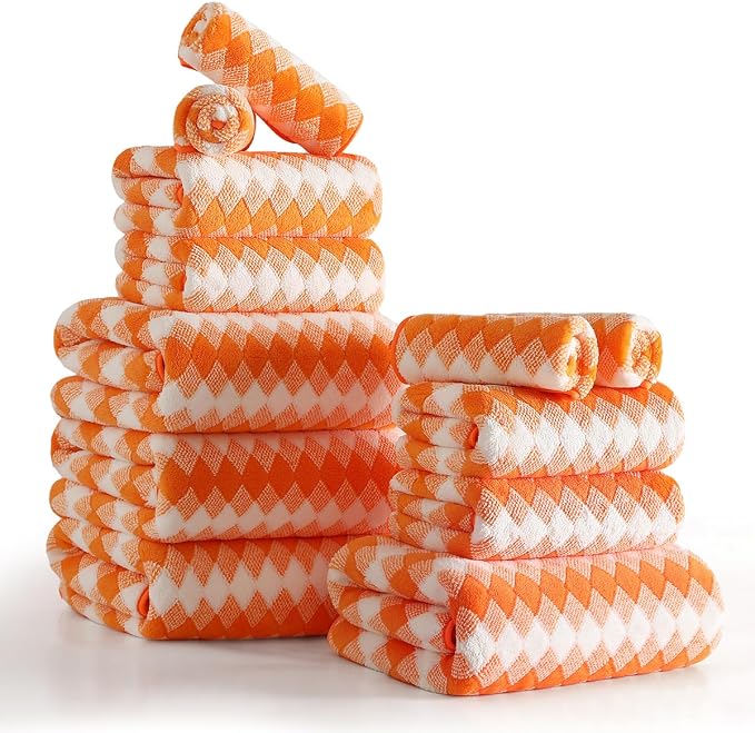 12 Pcs Orange White Diamond Towel Set-4 Bath Towels,4 Hand Towels,4 Washcloths Soft Polyester Towels with Loop Absorbent Shower Towel Quick Dry Beach Chair Towel Family Towels for Bathroom Gym Pool