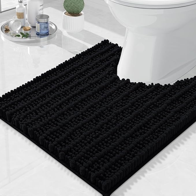 Arotive Toilet Rugs U-Shaped 20x20, Soft Absorbent Chenille Shaggy Bath Mat | Black, Machine Wash Dry, Bath Rugs for Bathroom Floor, Tub and Shower, Home Decor Accessories