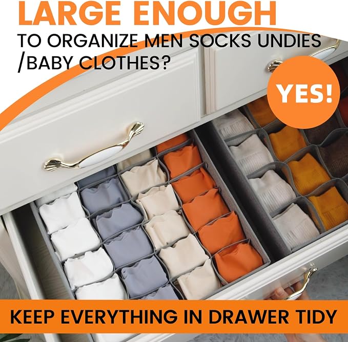 3 Pack Sock Underwear Drawer Organizer Dividers, 64 Cell Fabric Foldable Dresser Organizer for Closet Organizers and Storage Boxes for Organizing Socks, Underwear, Ties (16+24+24 Cell, Gray)