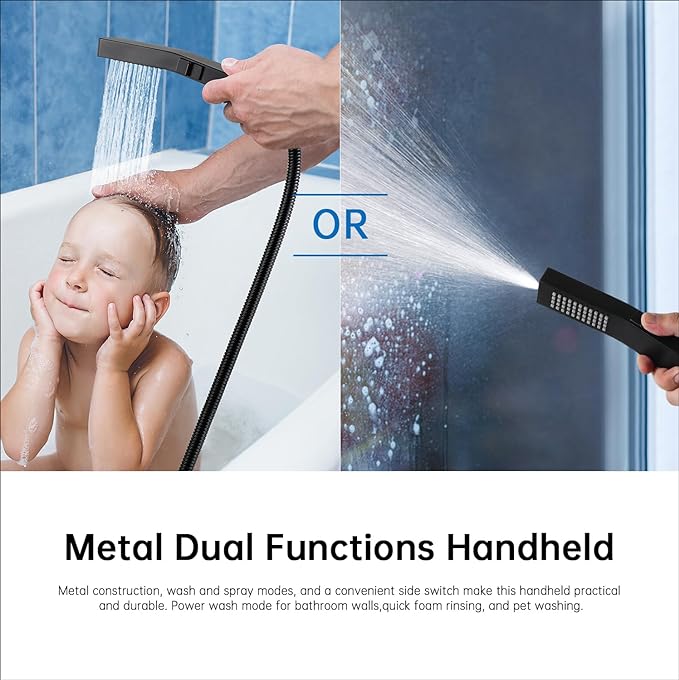 G-Promise 12 Inch All Metal Rain Shower Head with Handheld (Matte Black) | Full Body Coverage, Pause Mode Diverter, Power Wash Mode Handheld, Suits Every Height, Easy to Install, Modern Bath Upgrade
