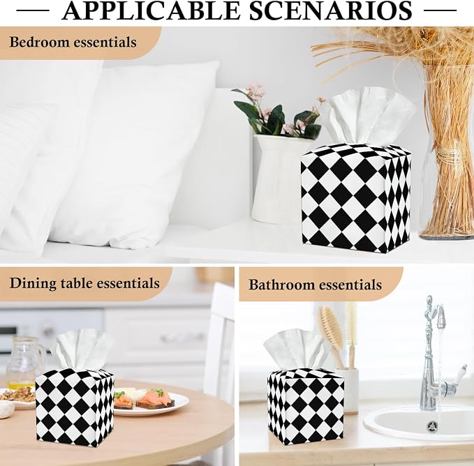 Black and White Checkered Tissue Box Covers Square, Leather Tissue Box Holders Decorative for Car Nightstand Home Office Bathroom Organizer, Square Facial Paper Organizer Home Decor -015