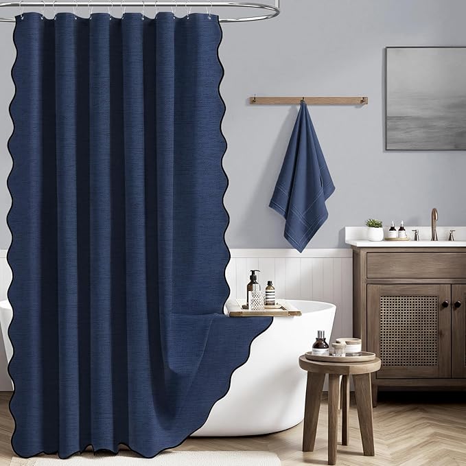 108x72 Boho Scalloped Linen Textured Cloth Shower Curtain, Navy Blue | Extra Wide Size, 230GSM Waterproof Polyester, Heavy Duty Fabric, 18 Plastic Hooks, Modern Farmhouse Style, Machine Washable