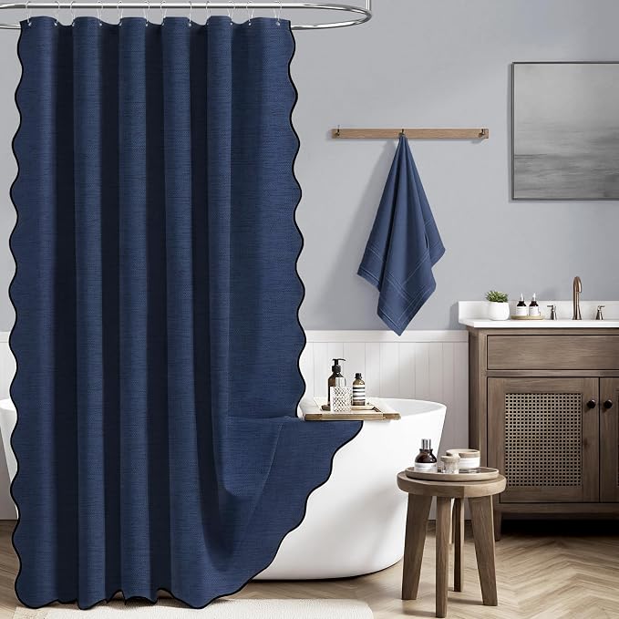 Extra Long Scalloped Linen Textured Shower Curtain, 72x96, Navy Blue | Extra Tall Size, 230GSM Waterproof Polyester, Heavy Duty Fabric, 12 Plastic Hooks, Boho Farmhouse Style, Machine Washable