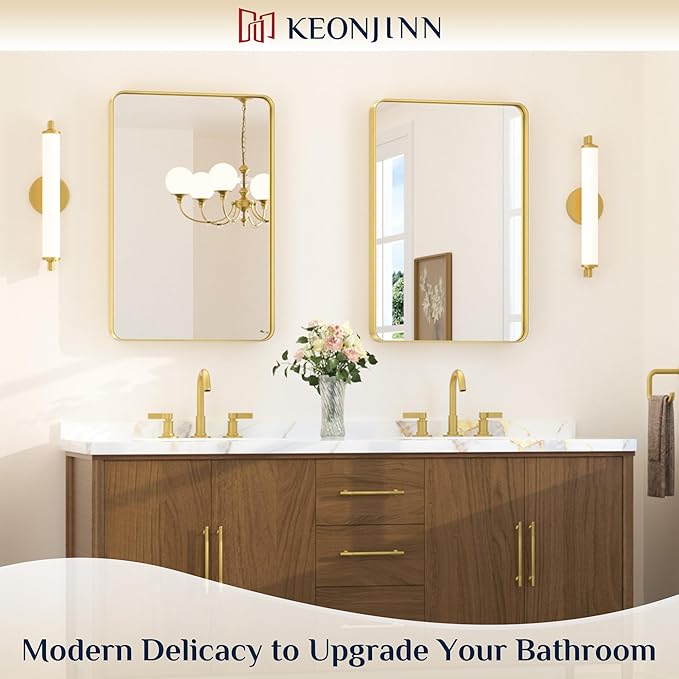 Keonjinn 20 x 30 Inch Gold Bathroom Mirrors for Over Sink, Tempered Glass | Brushed Finish, Brass Vanity Mirror, Anti-Rust Aluminum Frame, Rounded Rectangle, French Cleat Mount, Ideal for Home Décor