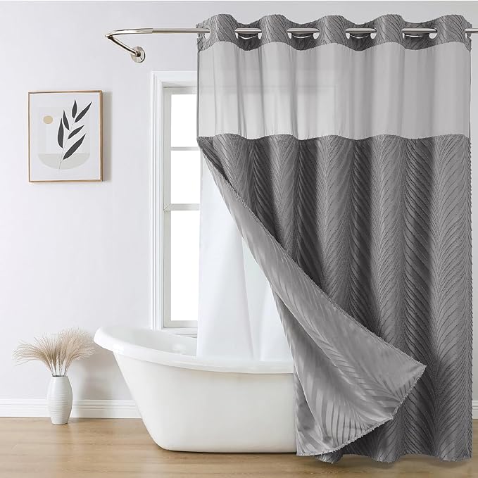eachope no Hook Shower Curtain and Liner Set，Boho Style with See Through Top Window, Grey Fabric Tufted Striped Textured Outer Curtain & Waterproof Inner Liner, Grey/Gray, 71Wx74H