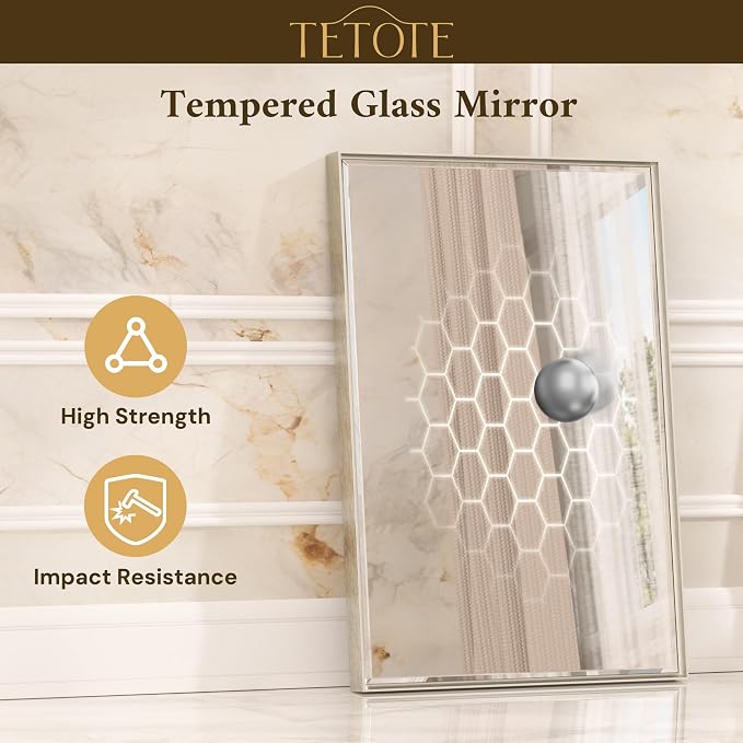 Brushed Nickel Bathroom Mirror 40 x 30 Inch Beveled Frame Vanity Mirror, Tempered Glass, Shatterproof, for Modern Bedroom, Entryway, Living Room