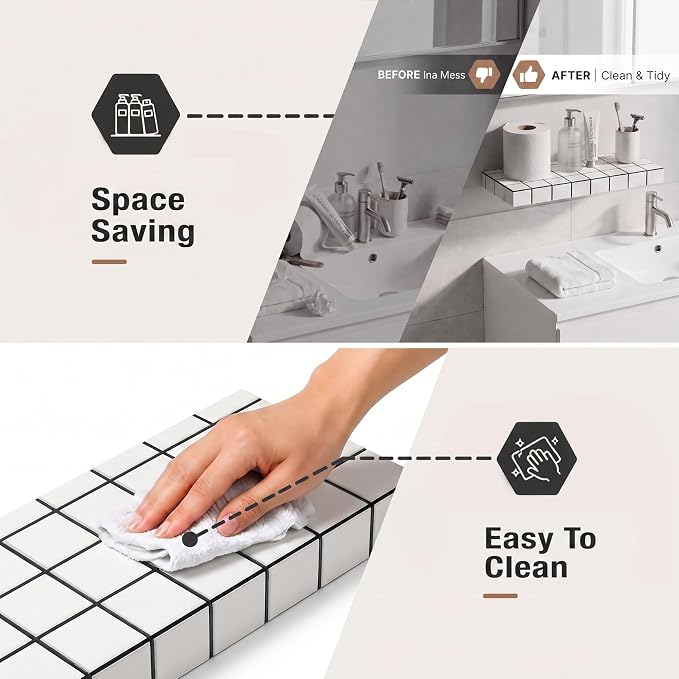 Floating Shelves, Set of 2, White with Black Lines | 15.7"W x 6.7"D x 1.5"H, set of 2, 25 lbs per shelf, 3D tile texture, splash-resistant, ~30 min assembly.