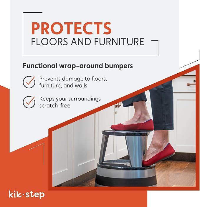 Round Step Stool for Kitchens, Cramer Kik-Step Heavy Duty Rolling Steel Stool, Non-Slip, Holds 350 lbs (White)