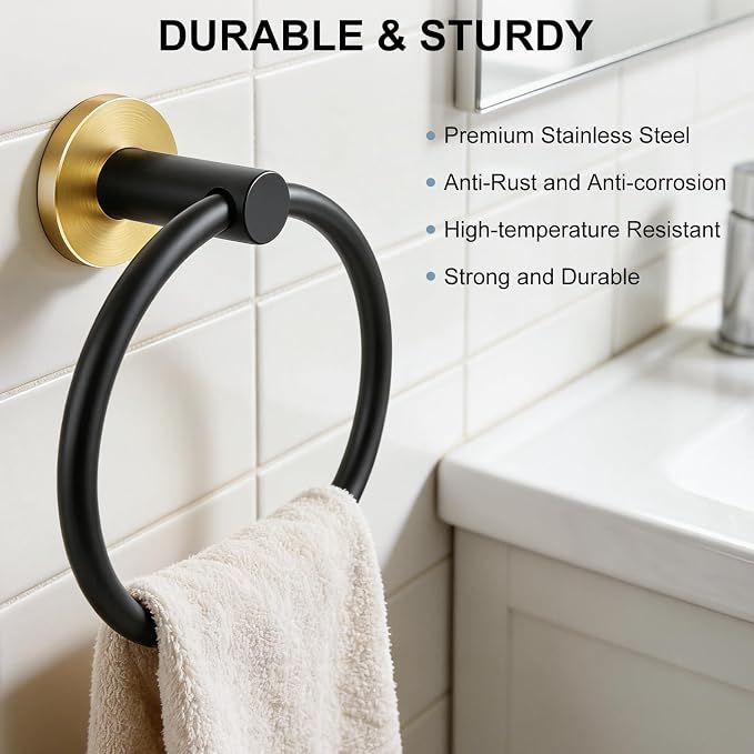 SetSail Towel Holder for Bathroom Wall Round Towel Ring, Black and Glod | Stainless Steel Hand Towel Holder Heavy Duty Towel Hanger for Bath, Kitchen Drill Hole