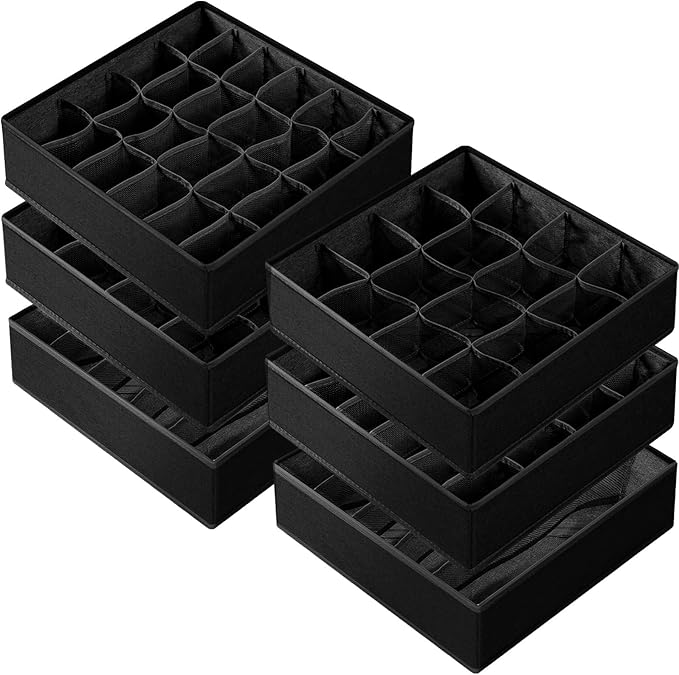 6 Pack Sock Underwear Drawer Organizer Dividers - Dresser Organizer for Baby Clothes - Closet Organizers and Storage for Bedroom Essentials for Dorm Room/New Home/Apartment (Black)