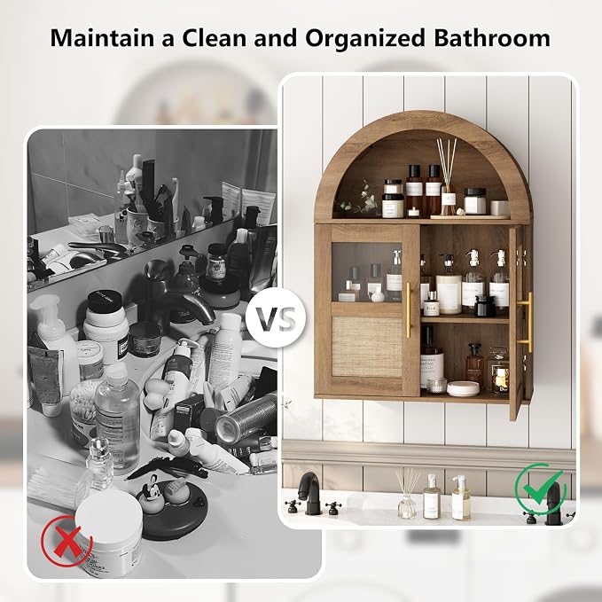 RUSTOWN Arched Bathroom Wall Cabinet with 2 Glass & Rattan Doors | Rattan Medicine Cabinet, Farmhouse Over the Toilet Storage Cabinet, Adjustable Shelves, 3-Tier Wall Mounted Cabinets