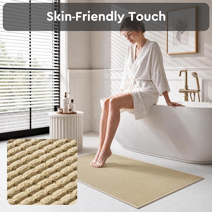 tchdio Bath Mat, Absorbent Bathroom Mat Quick Dry, Thin Bathroom Rugs Fit Under Door, Non Slip Washable Bath Rugs with Solid Rubber Backing, Low Profile Bath Mats for Bathroom, Beige, 24" x 36"