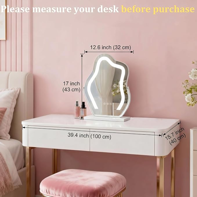 12.6''x17'' Tabletop LED Makeup Vanity Mirror Cloud Shaped | Smart Touch Control 3-Color Dimmable 360° Rotation Memory White Metal Frame Plug-in AC Power Gift Mirror