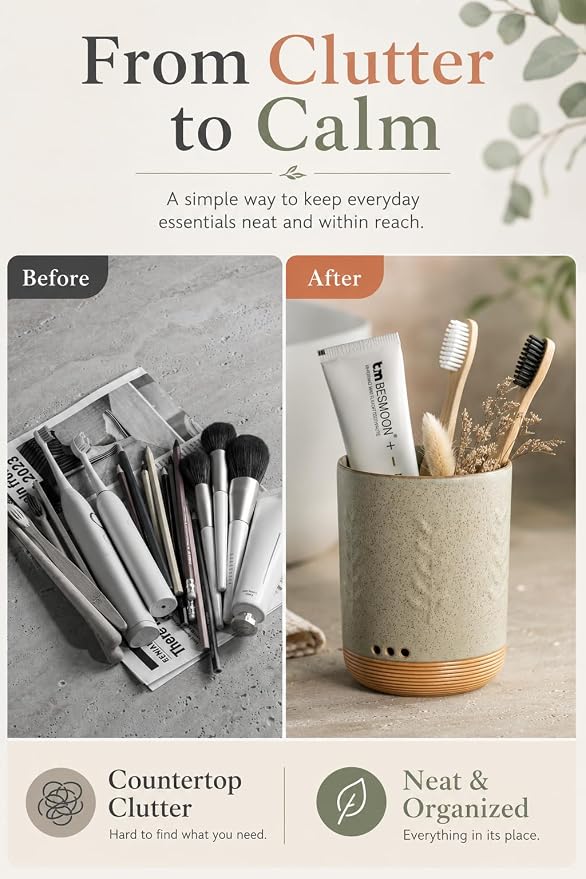 LYEOBOH Toothbrush Cup, Toothbrush Holder, Toothbrush Holder for Bathroom | Ceramic Single Toothbrush Holder, Tooth Brush Organizer with Drainage, Multi-use Toothbrush Storage for Family & Kids, Green