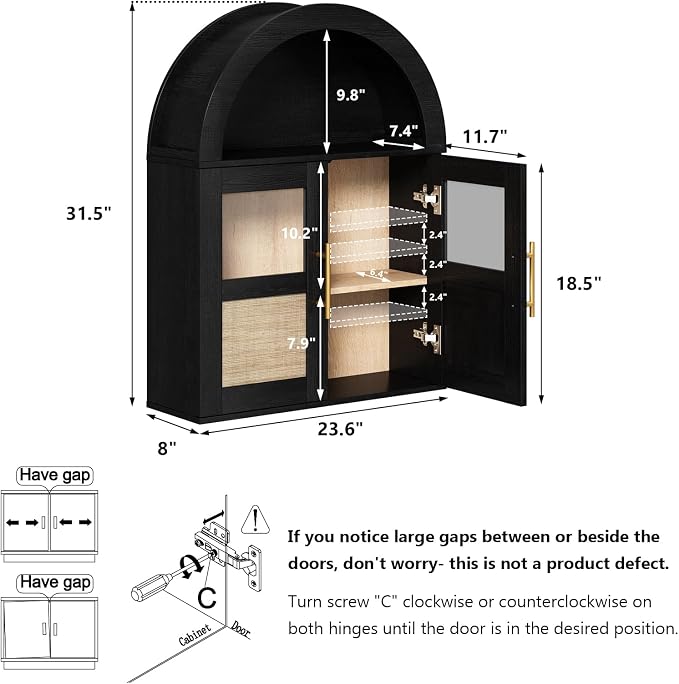 RUSTOWN Arched Bathroom Wall Cabinet with 2 Glass & Rattan Doors | Rattan Medicine Cabinet, Farmhouse Over the Toilet Storage Cabinet, Adjustable Shelves, 3-Tier Wall Mounted Cabinets