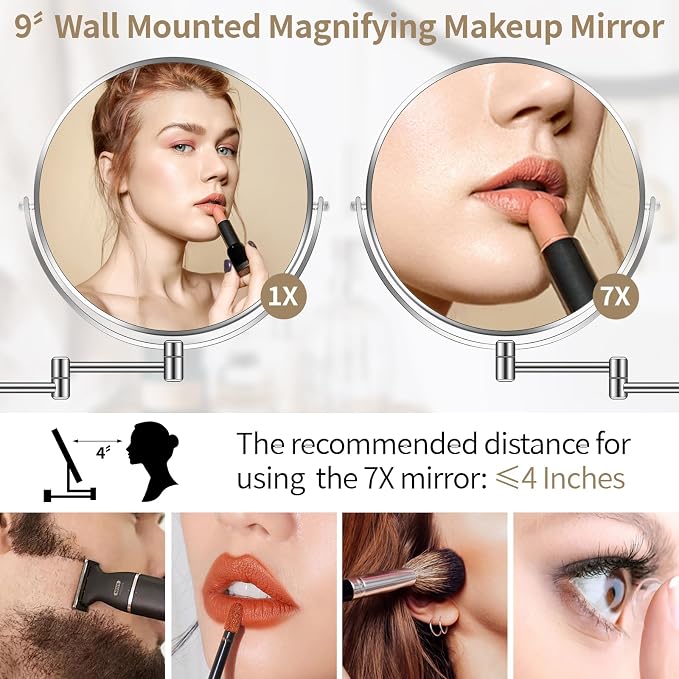 BTremary 9” Large Wall Mounted Makeup Mirror 1X/7X Double-Side Bathroom Magnifying Mirror 360 Swivel Vanity Mirror Extendable Shaving Wall Mount Cosmetic Mirror for Men and Women, Chrome
