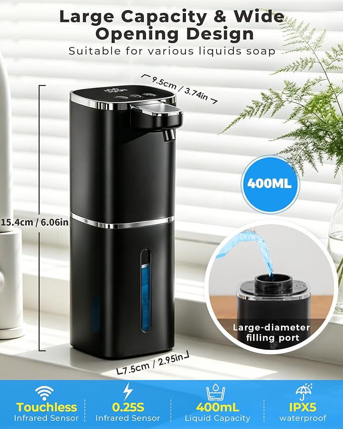 2 Pack Automatic Soap Dispenser Touchless, Rechargeable | Liquid Soap Dispenser 9 Adjustable Levels,13.5oz/400mL,IPX5 Waterproof, Wall Mounted or Countertop for Kitchen & Bathroom