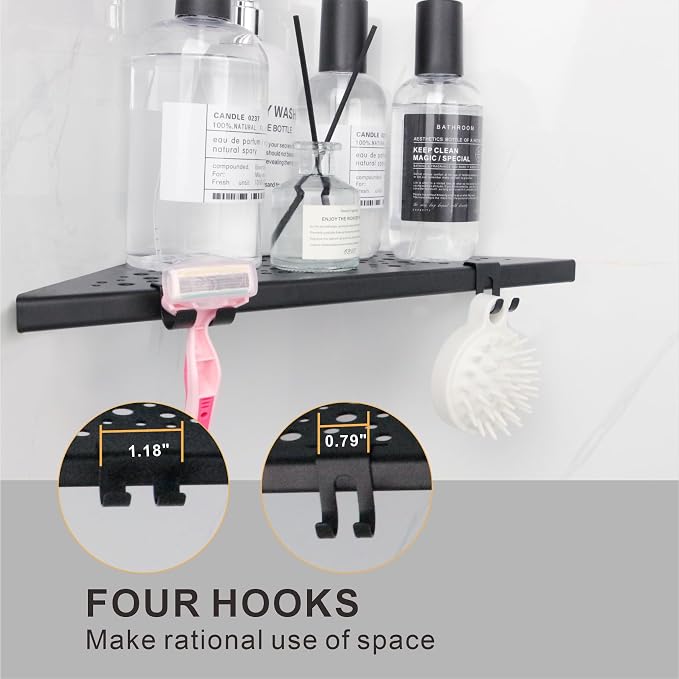 WELLUP Shower Shelf with 4 Hooks,10" Matte Black Corner Shower Shelf 2 Pack | 304 Stainless Steel Corner Shelf Recessed, Shower Corner Shelf for Tile Wall,Holds 15 lbs,Hollowed Drainage,Easy Install