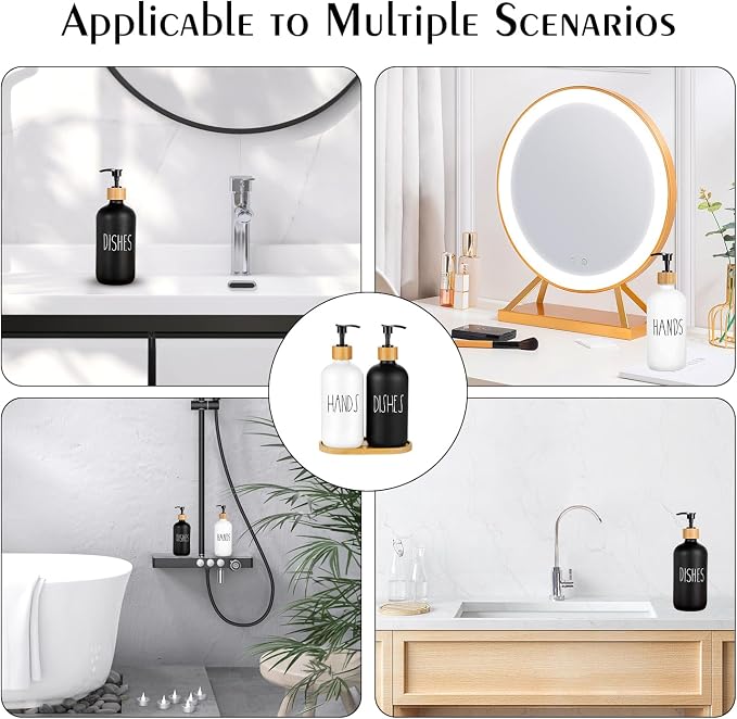 Arktek Glass Soap Dispenser Set with Tray, 2 Pack Hand and Dish Soap Dispenser Set for Bathroom and Kitchen Bottle Dispenser with Dish Soap, Hand Soap, Lotion 17 Oz (Black & White)