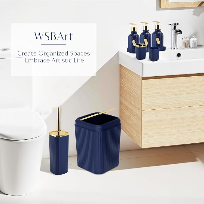 17PCS Bathroom Accessories Set, Navy Blue Bathroom Set Bathroom Accessories Set with Trash Can, Toilet Brush, Toothbrush Holder, Qtip Holder & 3PCS Soap Dispenser