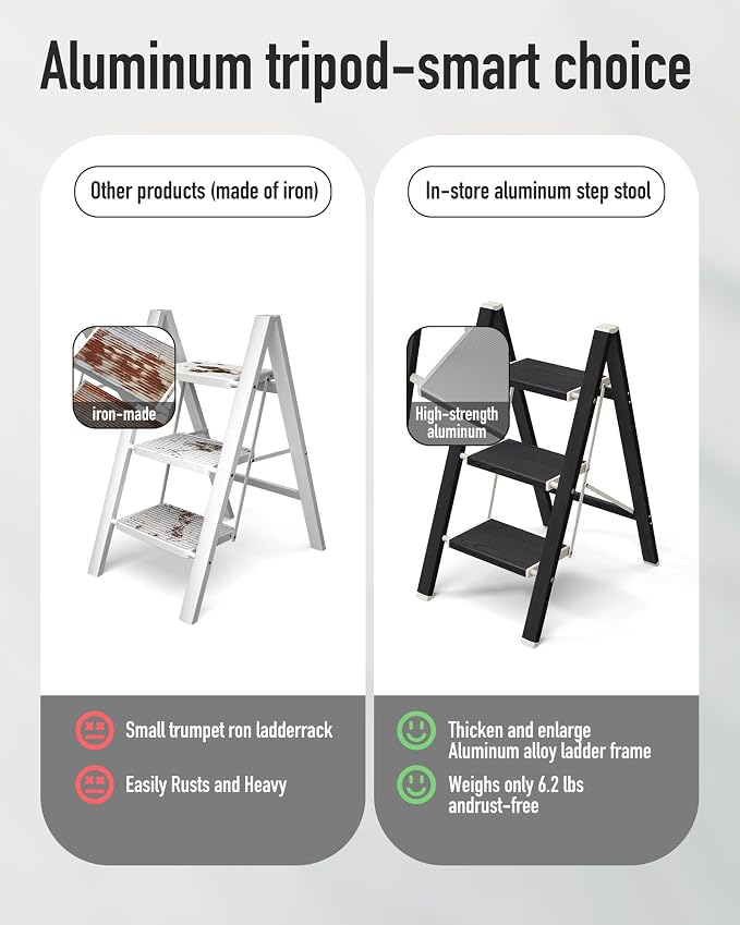 Mayi Plus 3 Step Stool Foldable, Aluminum, Lightweight Step Ladder | Extra-wide anti-slip folding steps with 330 lbs, for home,kitchen,office,outdoor,Ebony woodgrain