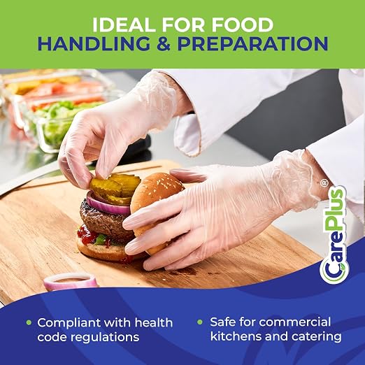 CARE PLUS Vinyl Gloves Clear X-Large, Disposable Latex Free, 200 Count | Powder free exam grade protection for food service, salons & housekeeping; ambidextrous, tear resistant, comfortable fit