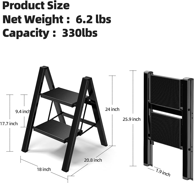 HillhutApex Aluminum Step Stool Foldable,2 Step Ladder (Black) | Lightweight Portable step ladder with Anti-Slip Wide Pedal,330lbs Capacity Ladder for Household,Office,Kitchen
