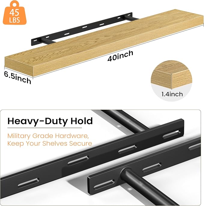 40 Inch Floating Shelves for Wall, Rustic Wood Wall Mounted Deep Storage Shelves with Invisible Brackets, Long Decorative Display Ledge for Living Room Bedroom Bathroom and Kitchen, Set of 2, Oak