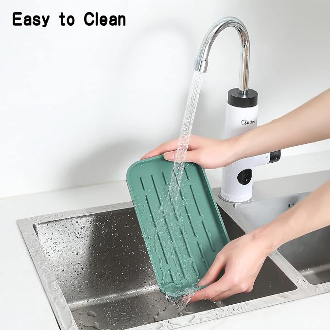 MicoYang Silicone Kitchen Sink Organizer Tray for Multiple Usage,Eco-Friendly Sponges Holder for Kitchen Bathroom Counter or Sink,Dish Soap Dispenser,Scrubber,Bottle,Cup (Green, 10"×5.3")