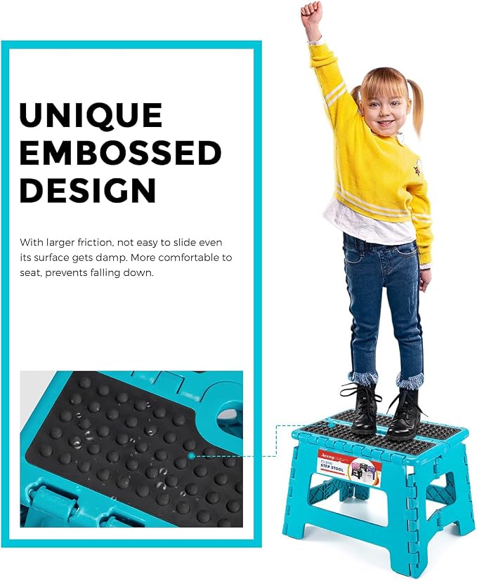 Folding Step Stool 9 Inch, Non-Slip Surface Stool for Kids, Dot Blue | Heavy Duty Foldable Stools, Lightweight, Holds 300 lb, for Toddler Kitchen Bathroom Bedroom Outdoor, Collapsible with Handle