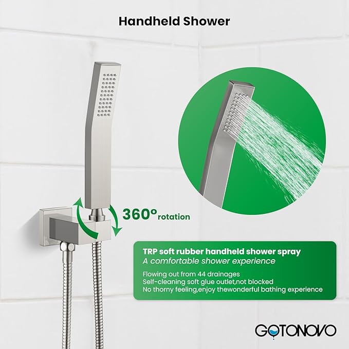 gotonovo Shower Faucet Set with Handheld Spray Brushed Nickel,10'' Head | SUS304 Rainfall Shower Head and Handle Set System Fixture,Pressure Balance Valve Trim Kit,Single Handle,Wall Mount,All Metal