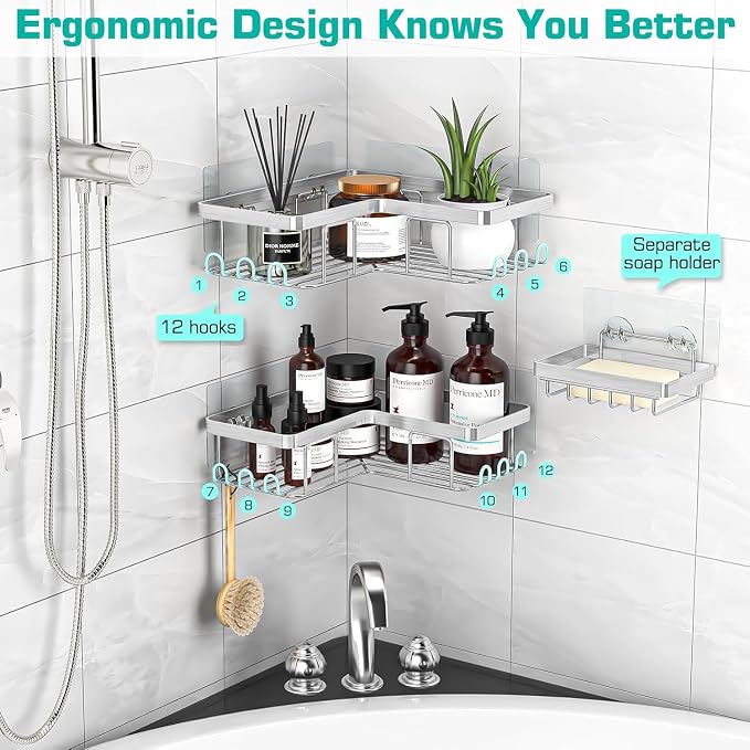 Corner Adhesive Shower Caddy, with Soap Holder and 12 Hooks, Rustproof Stainless Steel Bathroom Organizer, No Drilling Wall Mounted Rack, Brushed Silver, 3-Pack