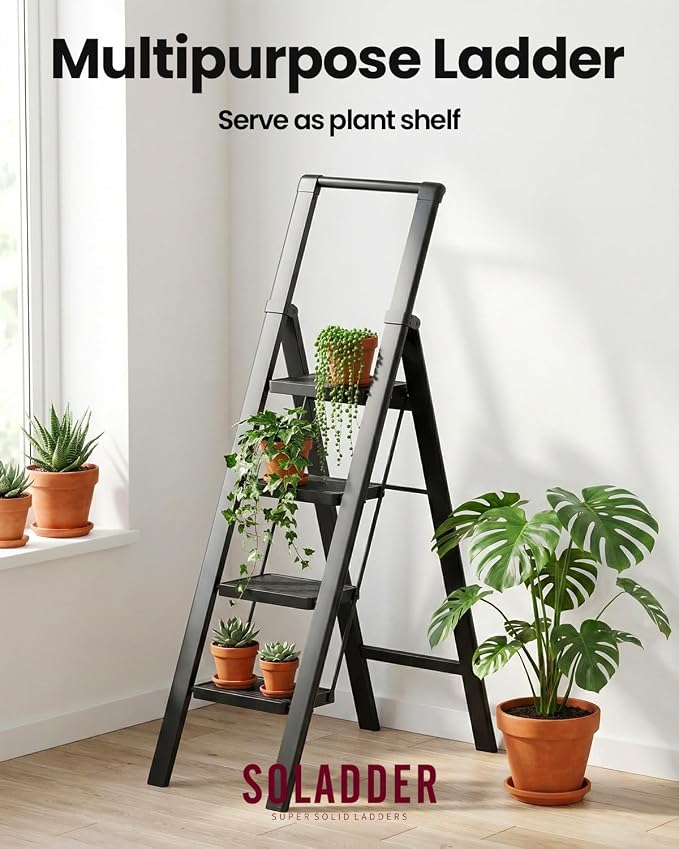 4 Step Ladder, Folding Step Stool, Lightweight Stepladder, Black | Reach 8ft;Anti-Slip 7.9'' Wide Pedal;Portable Handrail;Space-Saving;For Kitchen, Home, Library, Office Use;300lbs Capacity