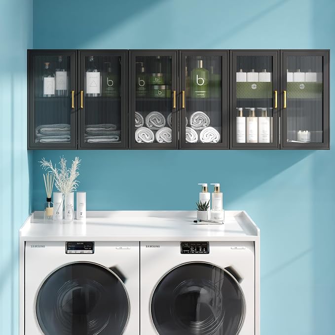 Furnaza Set of 3 Black Kitchen Wall Storage Cabinet with Adjustable Shelf | Upper LED Wall Cabinets with Acrylic Glass Doors for Bathroom,Garage,Laundry Room,72"W x 12"D x 22"H